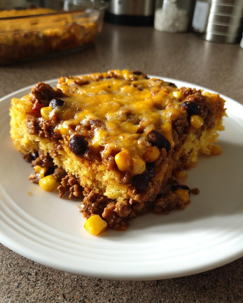 A generous slice of cowboy cornbread casserole topped with melted cheese, ground beef, corn, and black beans.