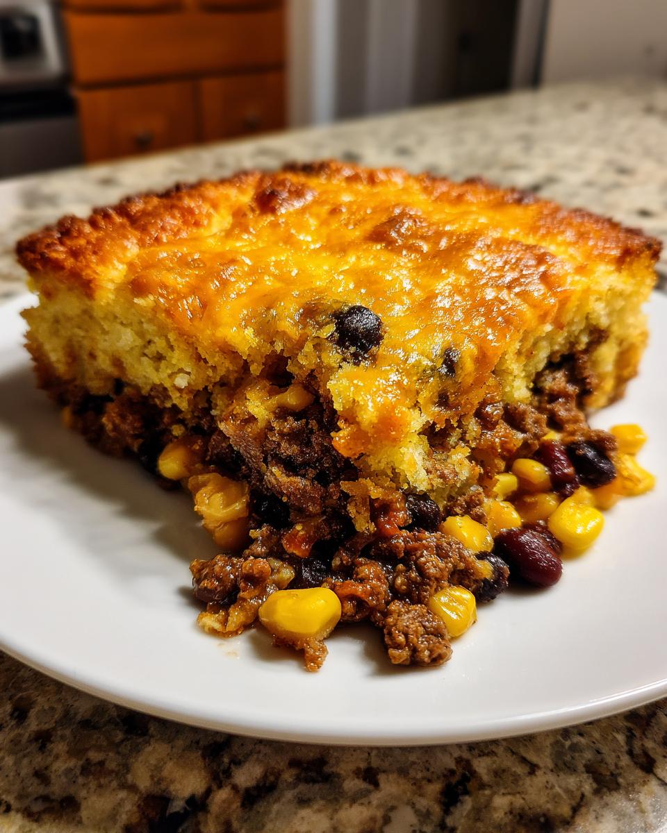 A hearty slice of cowboy cornbread casserole showing a cheesy baked top layer over a savory meat and corn filling.