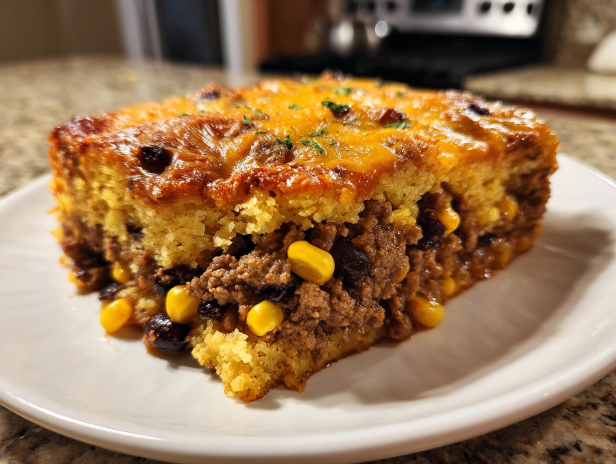 A thick slice of cowboy cornbread casserole showing layers of seasoned ground beef, corn, black beans, and a cheesy topping.
