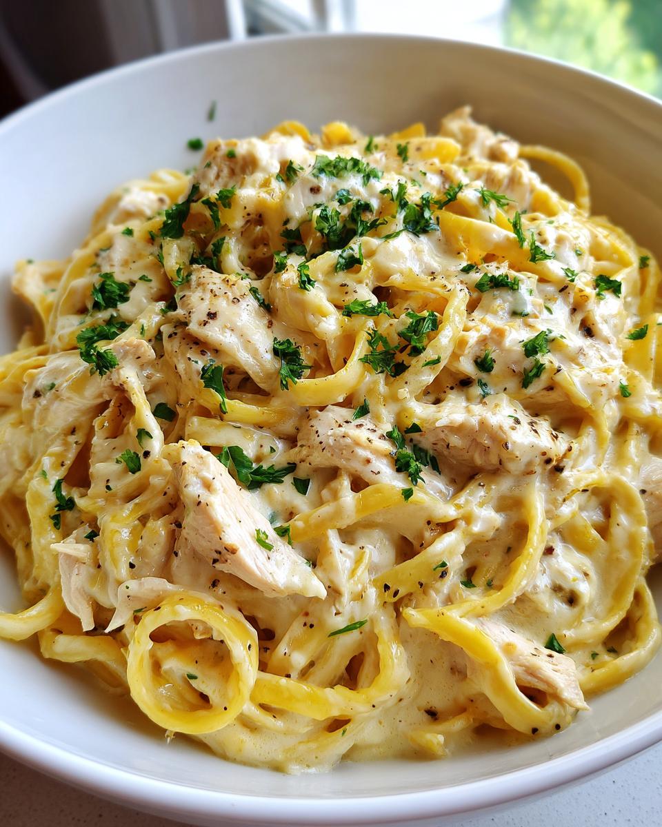 Close-up of creamy chicken fettuccine alfredo pasta topped with fresh parsley and black pepper.