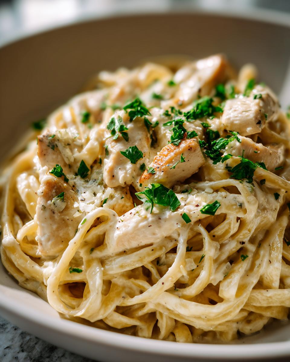 Close-up of creamy chicken fettuccine alfredo pasta topped with chopped parsley and Parmesan cheese.