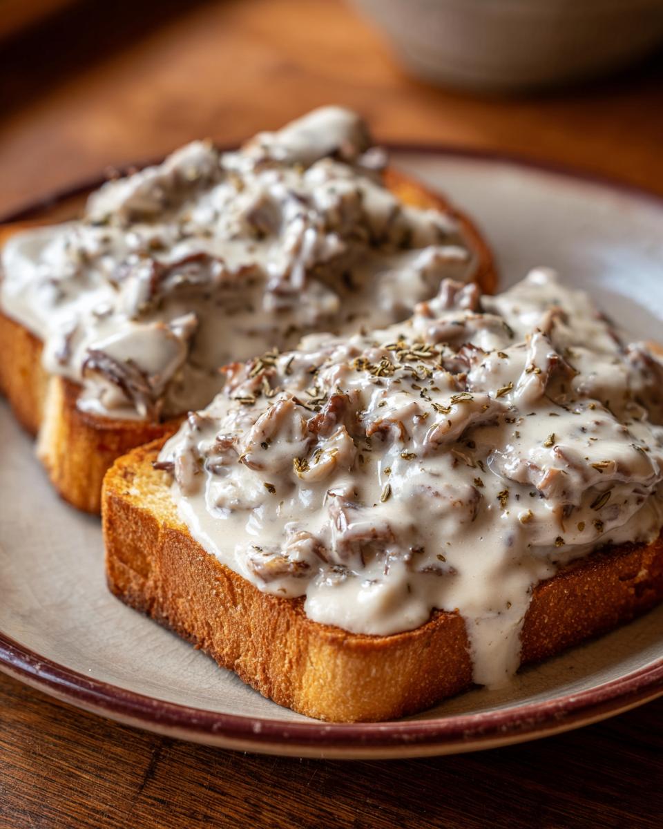 Two slices of golden toast generously topped with creamy chipped beef on toast mixture and dried herbs.