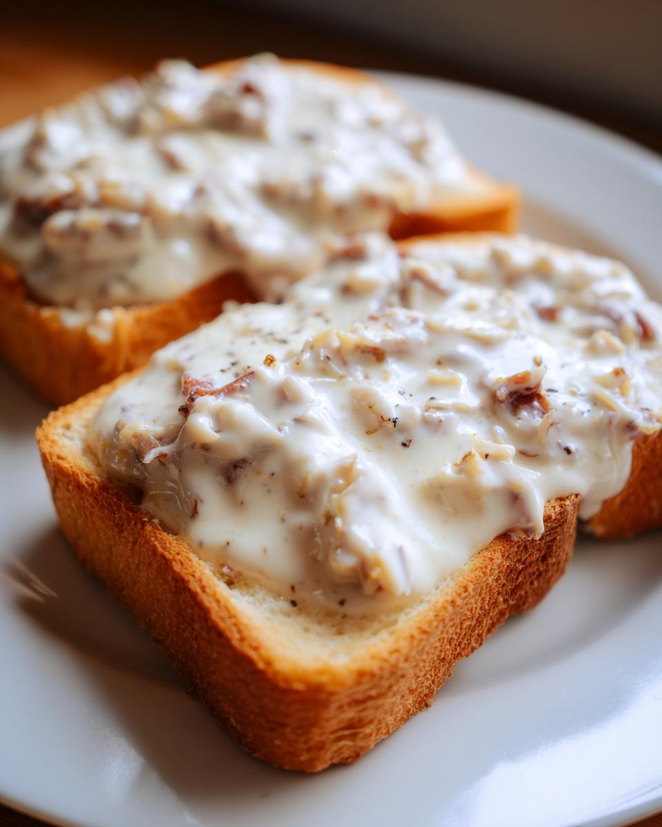 Two slices of golden toast generously topped with creamy chipped beef on toast sauce.