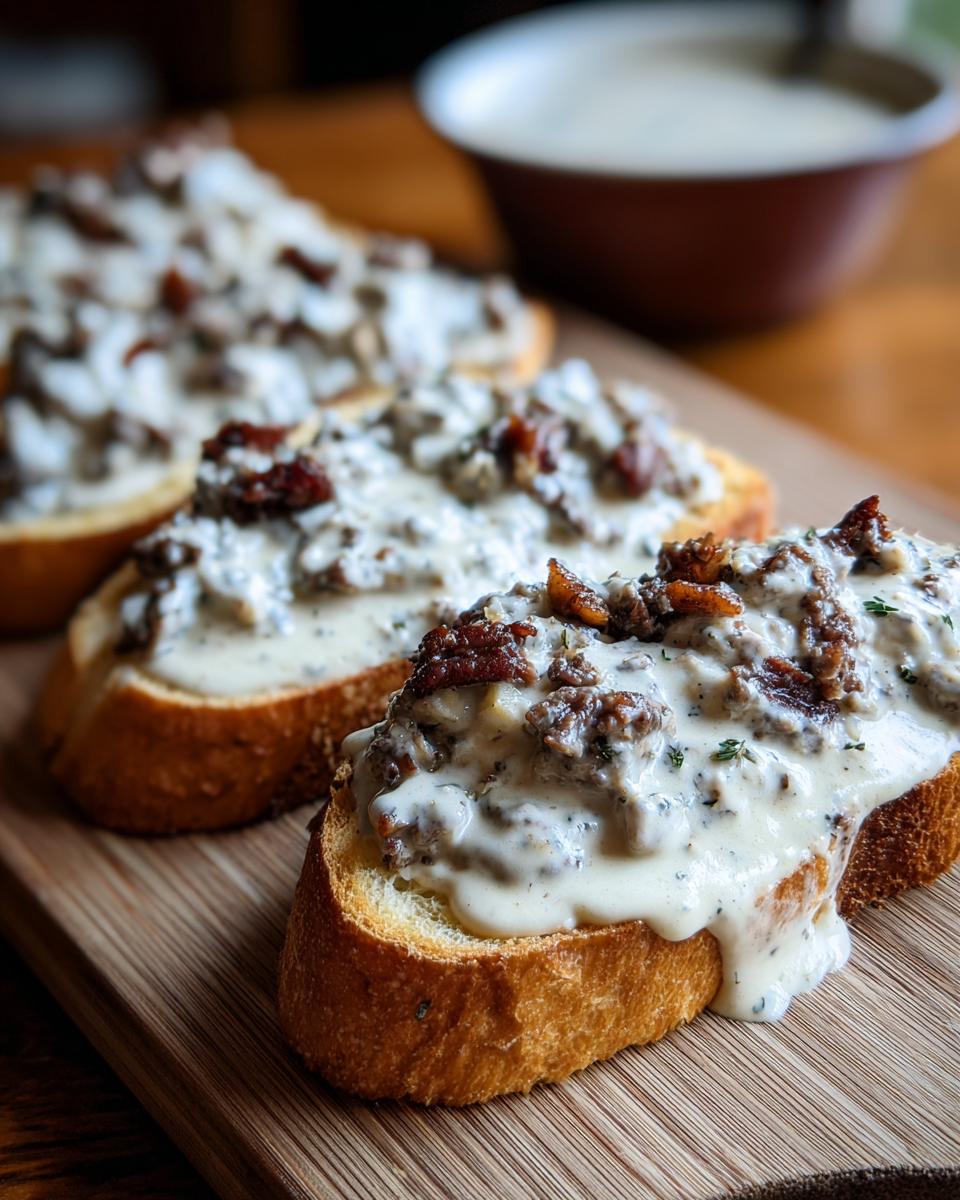 Close-up of creamy chipped beef on toast slices served on a wooden board.