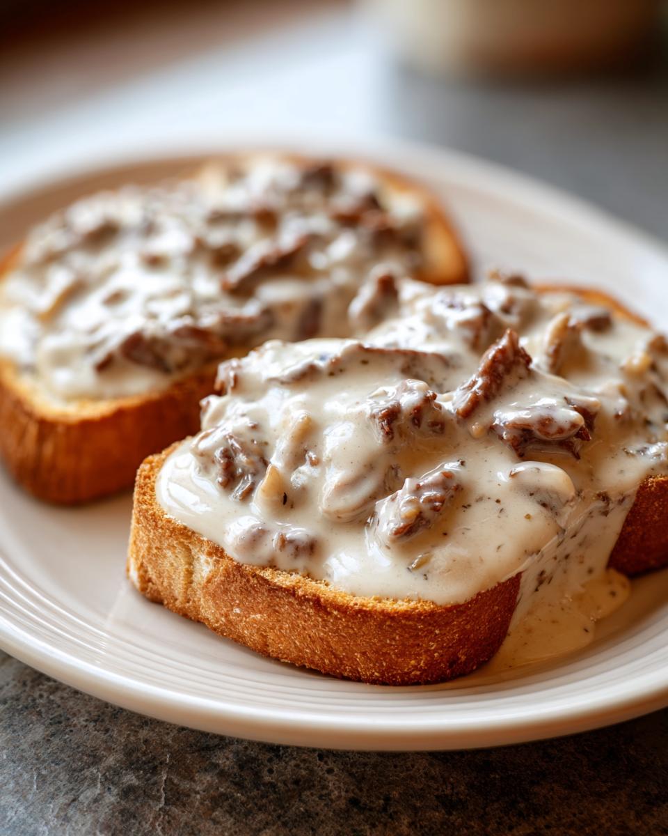 Two slices of toasted bread smothered in creamy chipped beef on toast gravy, served on a white plate.