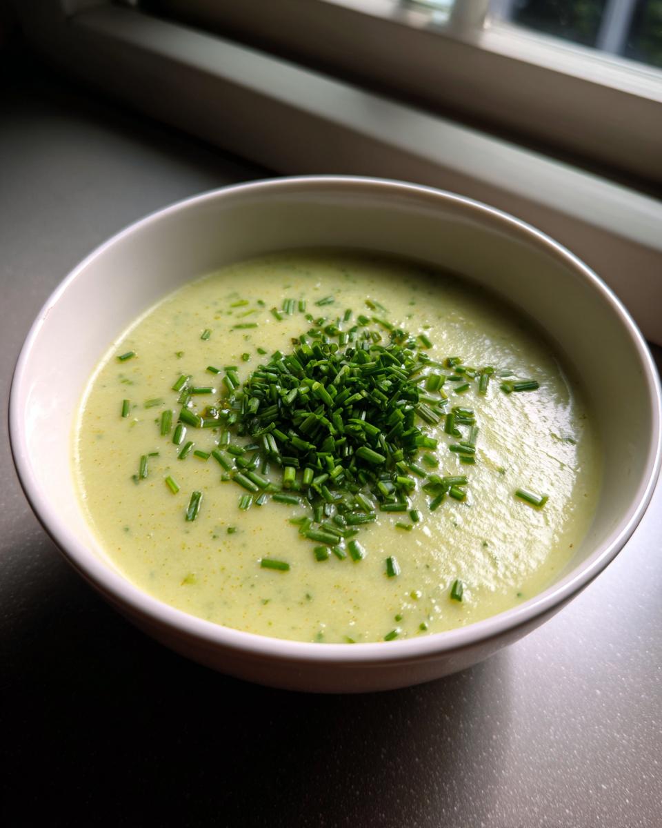 A bowl of creamy, pale green leek soup topped generously with freshly chopped chives.
