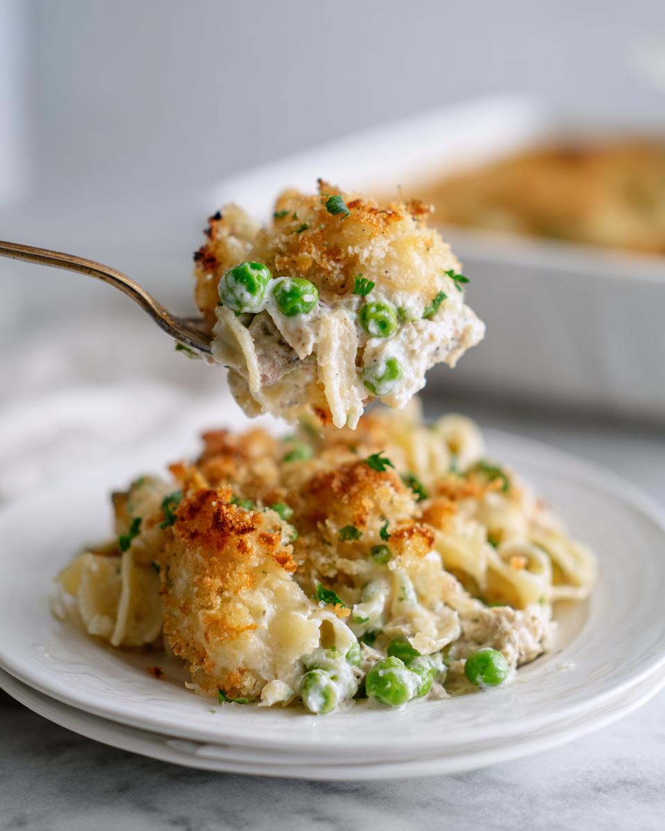 A spoonful of creamy tuna noodle casserole topped with crispy breadcrumbs and green peas is lifted above a serving on a white plate.