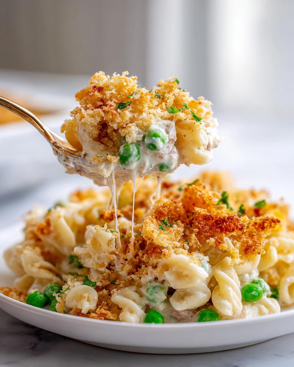 A spoonful of creamy tuna noodle casserole, showing melted cheese strings and a golden breadcrumb topping.