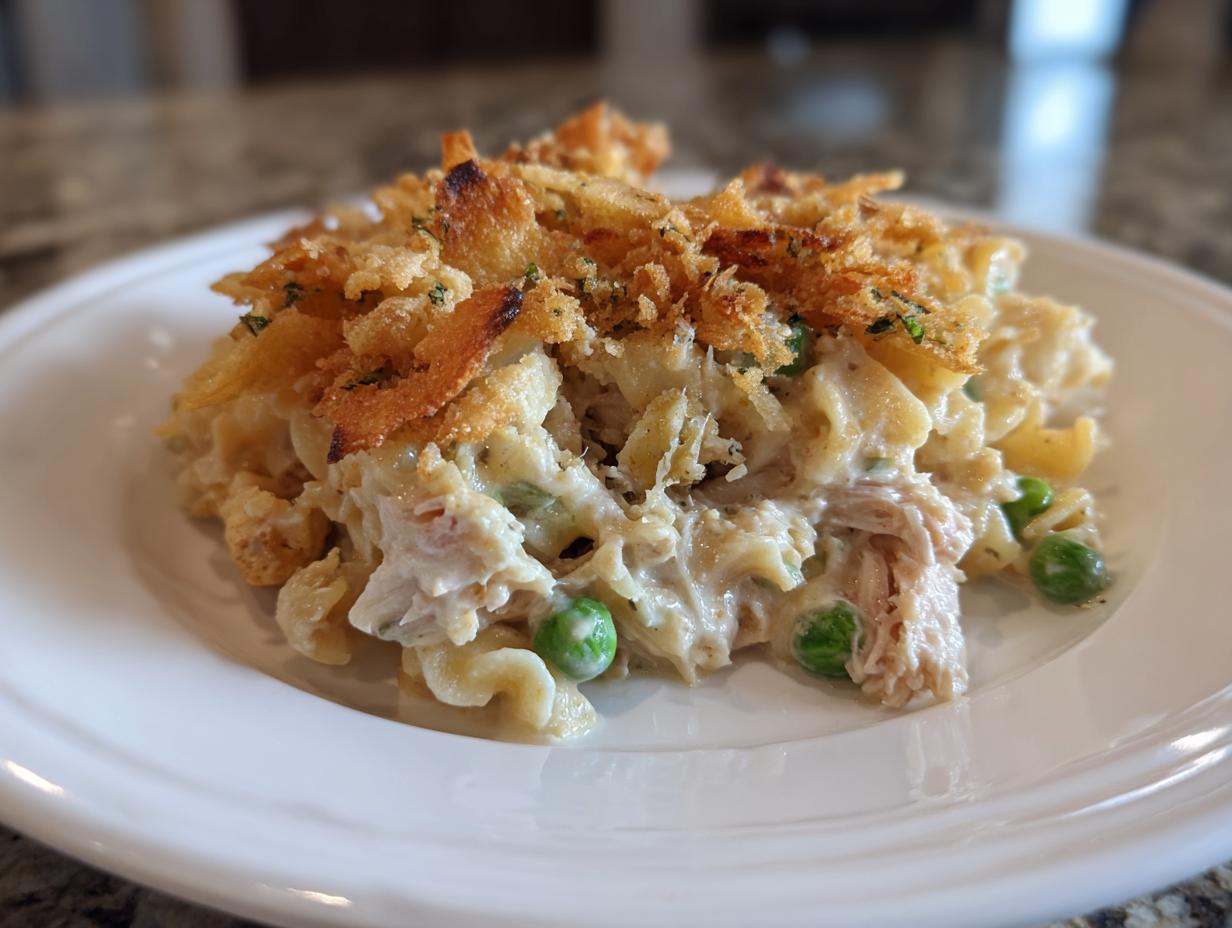 A close-up of a serving of creamy tuna noodle casserole topped with crunchy breadcrumbs and green peas.