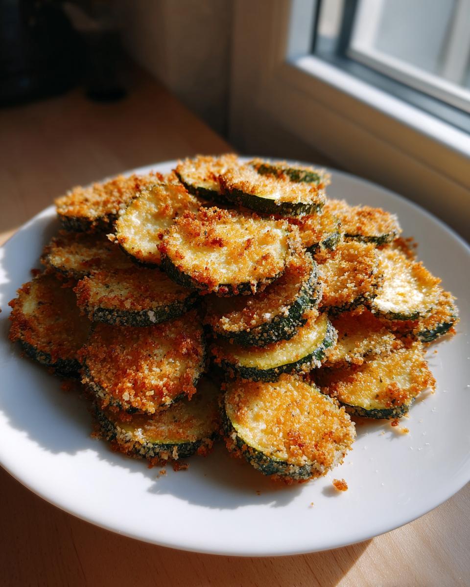 A white plate piled high with golden brown, crispy air fryer zucchini chips, catching bright sunlight.
