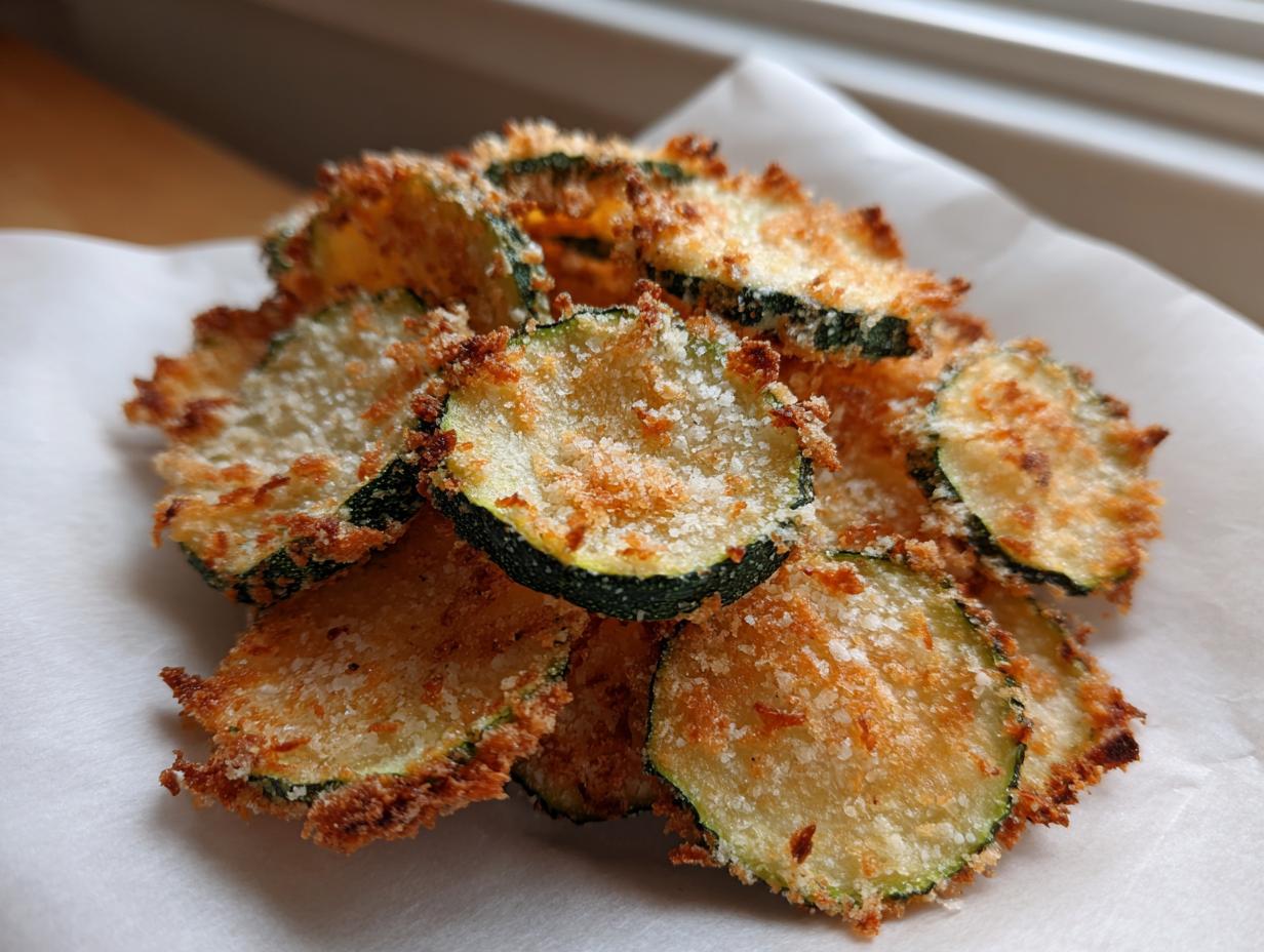A pile of golden brown, crispy air fryer zucchini chips dusted with Parmesan cheese.