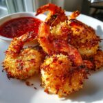 Close-up of crispy, golden brown coconut shrimp served on a white plate next to a small bowl of sweet chili sauce.
