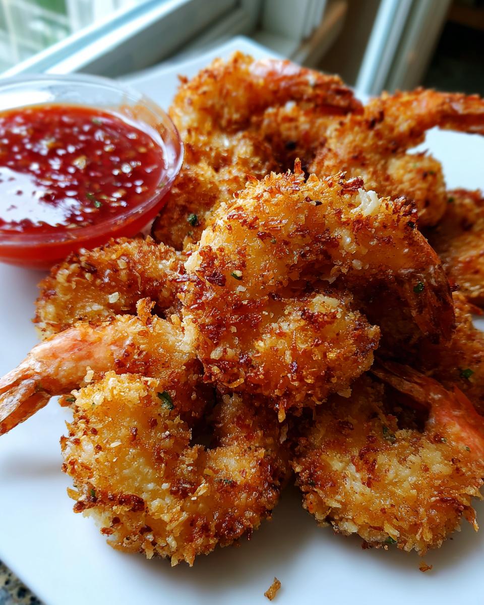 A close-up of golden brown, crispy coconut shrimp piled on a white plate next to a small bowl of sweet chili sauce.