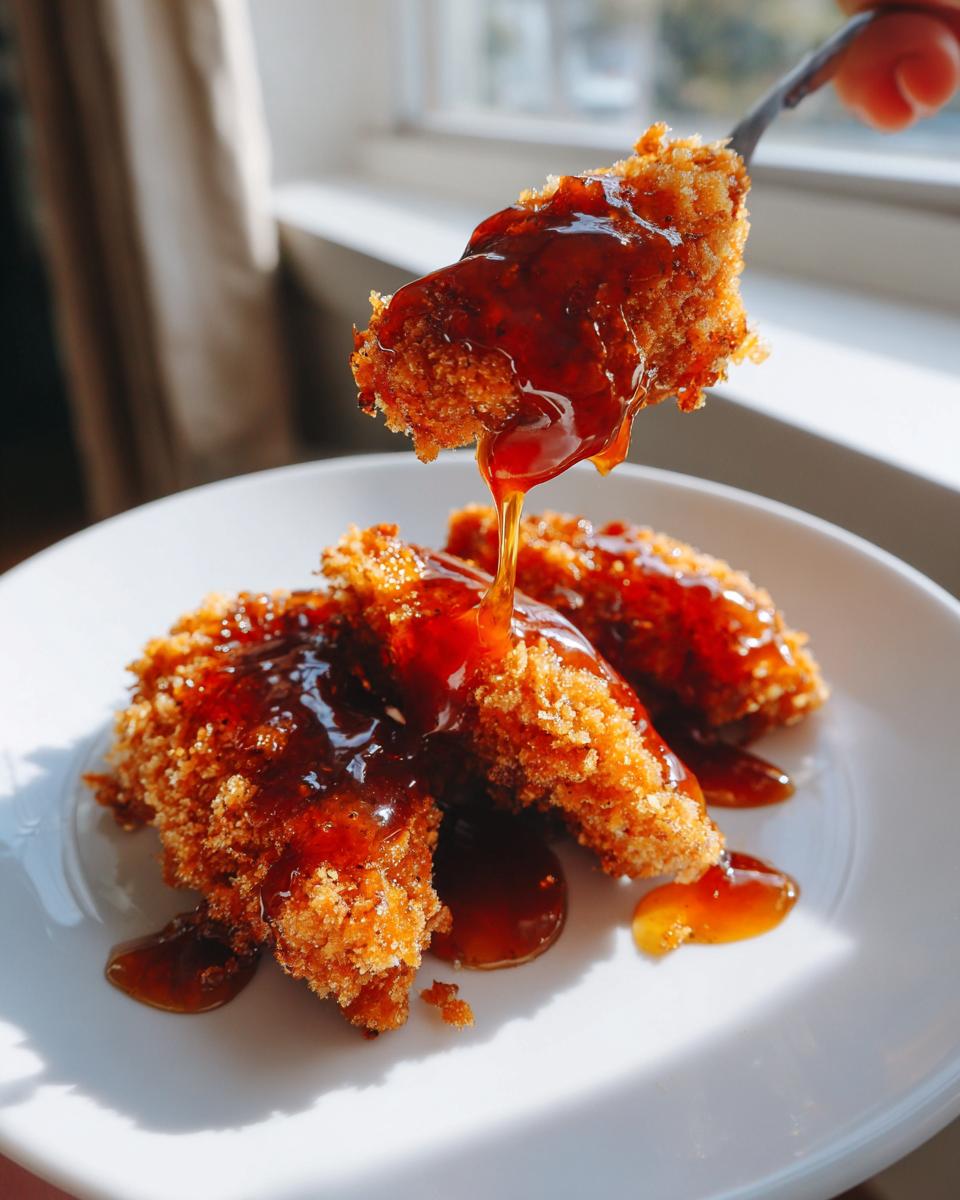 A piece of crispy fried chicken is lifted while being generously drizzled with thick, glossy sauce for hot honey chicken.