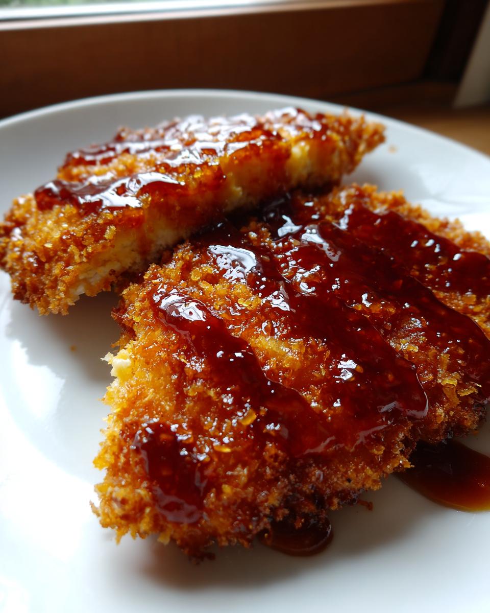 Close-up of crispy breaded chicken pieces drizzled generously with a shiny, dark hot honey glaze.