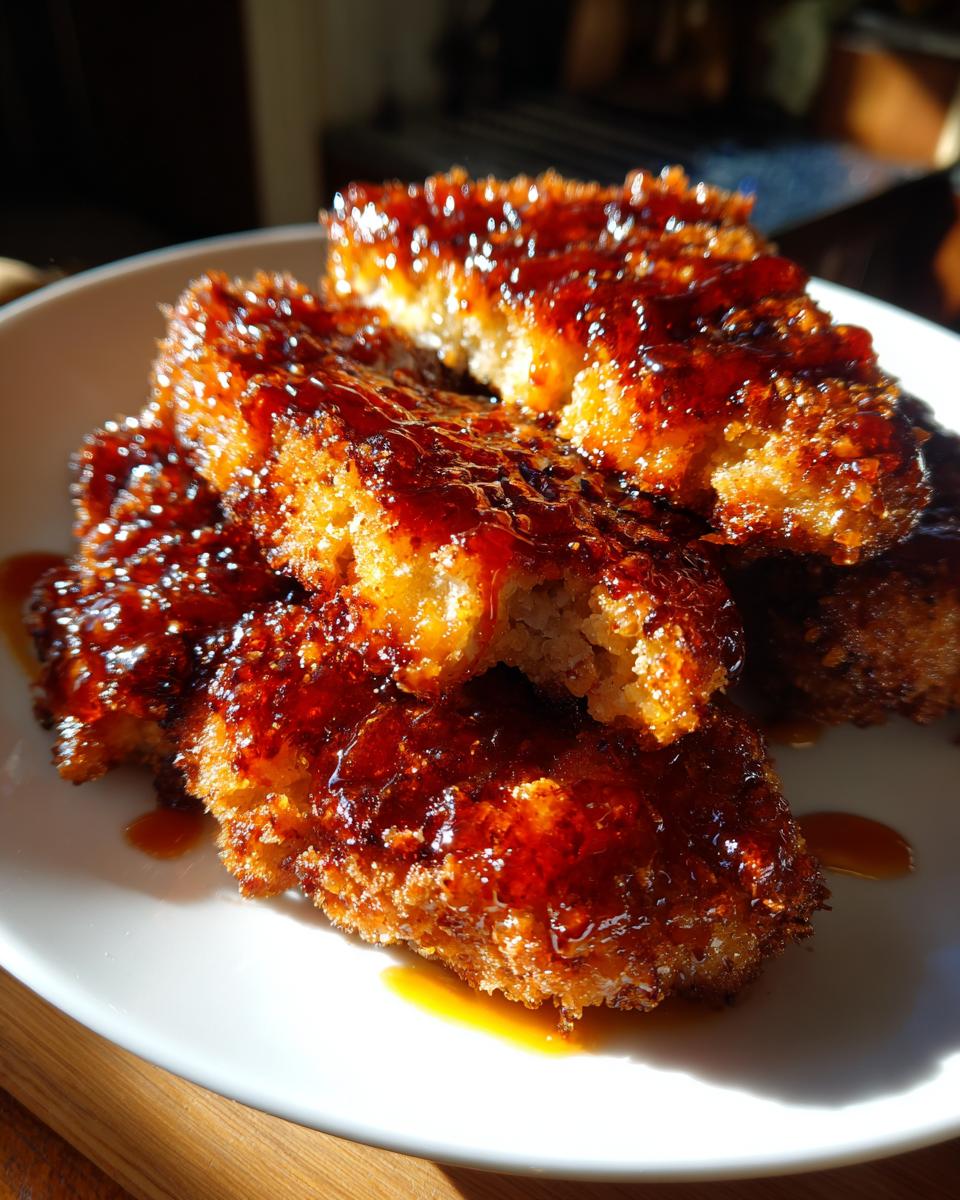 Close-up of crispy fried chicken pieces generously coated in a glossy, dark hot honey glaze.