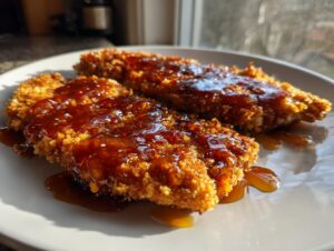Two pieces of crispy fried chicken generously drizzled with shiny hot honey chicken glaze.