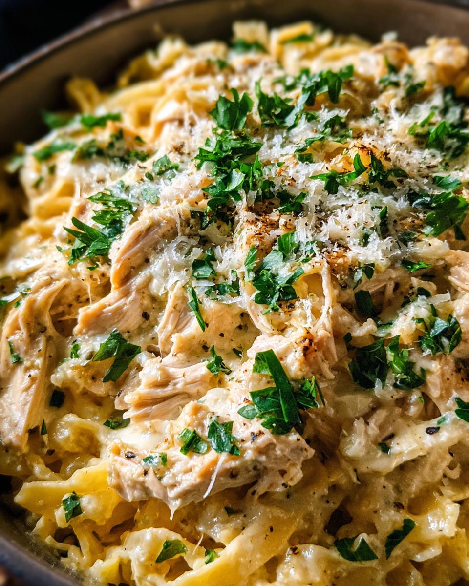 Close-up of shredded chicken in a creamy sauce mixed with pasta, topped with Parmesan and fresh parsley, representing crock pot angel chicken.