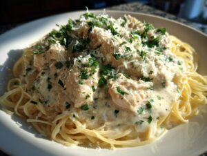 A close-up of Crock Pot Angel Chicken served over spaghetti, topped with creamy sauce, Parmesan, and fresh parsley.