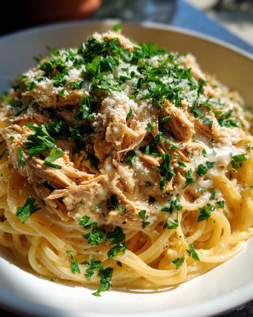 A bowl of spaghetti topped with shredded crock pot angel chicken in a creamy sauce, garnished with parsley and Parmesan.