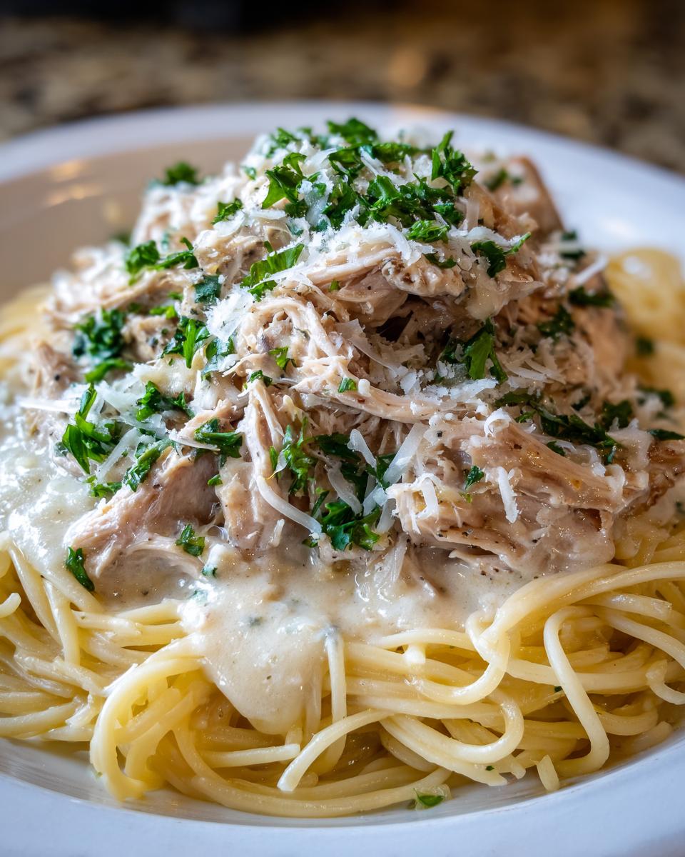 Shredded chicken from crock pot angel chicken served over spaghetti noodles with creamy sauce, Parmesan, and parsley.