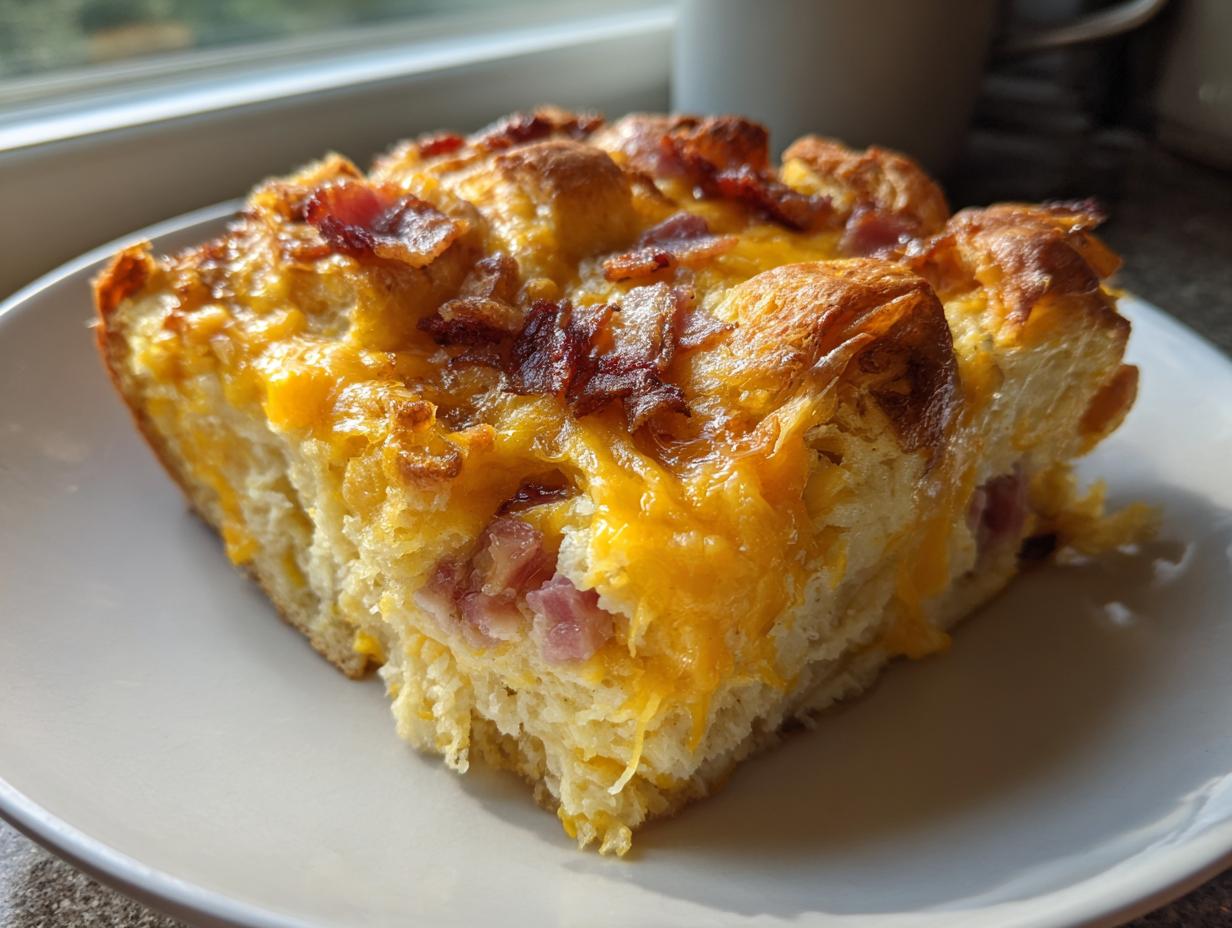 A close-up slice of Croissant Breakfast Casserole topped with melted cheddar cheese and crispy bacon pieces.