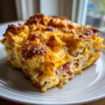 A close-up of a golden-brown square slice of Croissant Breakfast Casserole with melted cheese and ham.