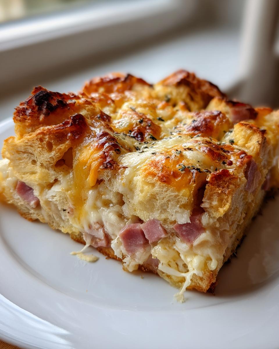 A close-up of a hearty slice of Croissant Breakfast Casserole featuring baked croissant pieces, melted cheese, and diced ham.