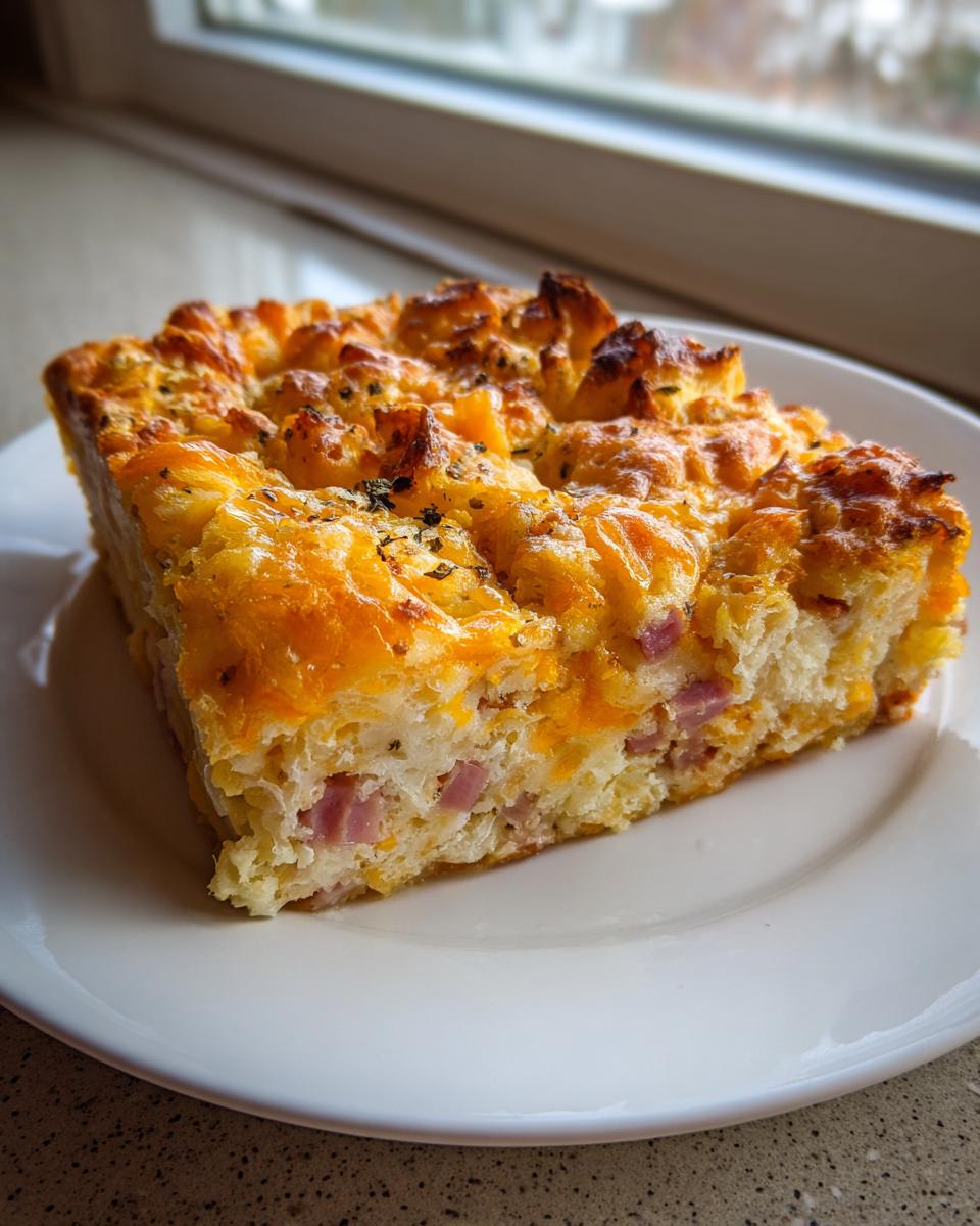 A single serving slice of baked Croissant Breakfast Casserole topped with melted cheddar cheese and herbs.