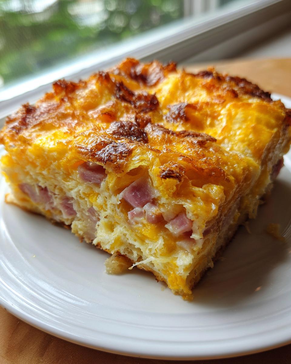 Close-up of a serving of Croissant Breakfast Casserole with visible ham cubes and melted cheese.