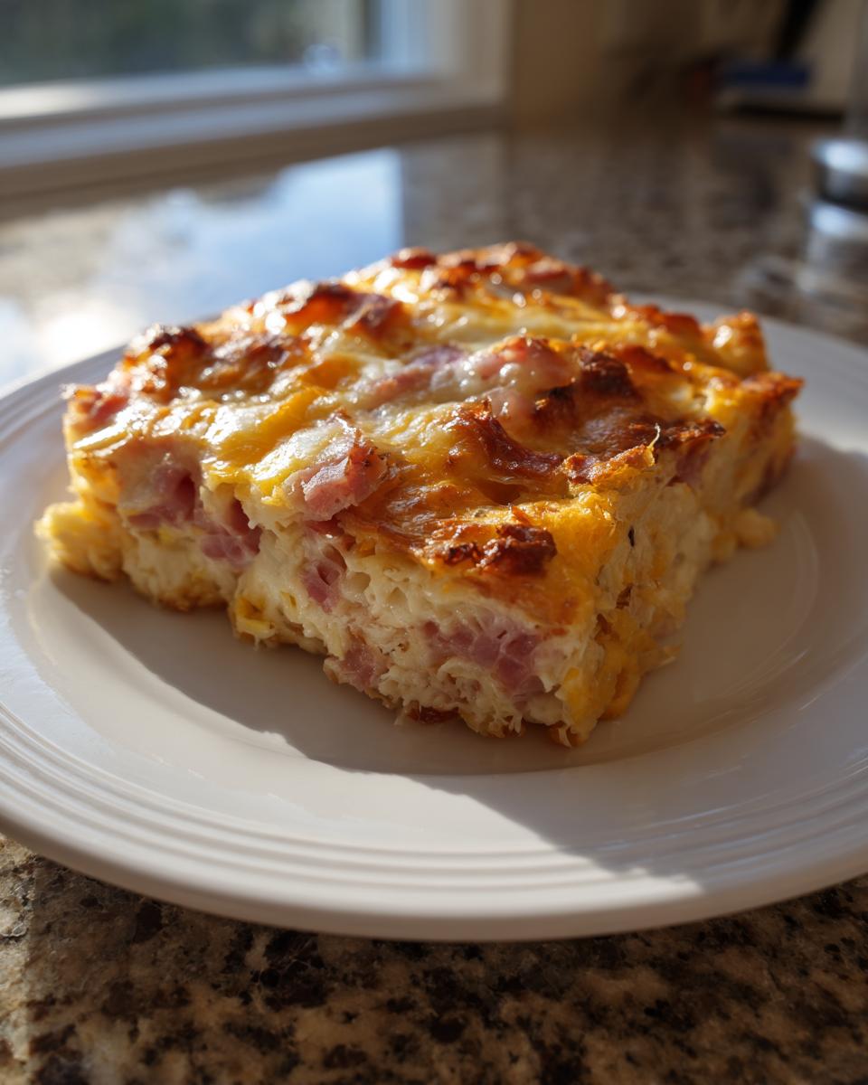 A golden-brown slice of Croissant Breakfast Casserole with visible ham and melted cheese on a white plate.