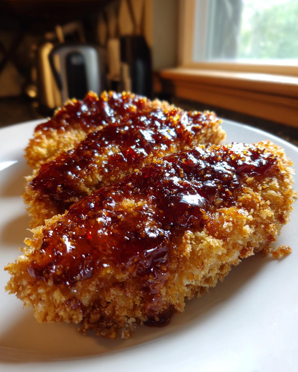 Three pieces of crunchy fried chicken coated in a thick, shiny hot honey glaze, ready to eat.
