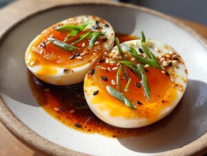 Two halves of soft-boiled marinated eggs with bright orange yolks, topped with sesame seeds and green onions.