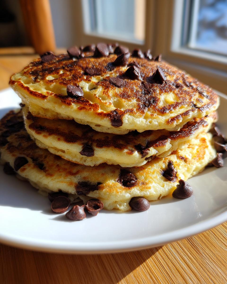 Close-up of a tall stack of fluffy chocolate chip pancakes topped with melted chips.