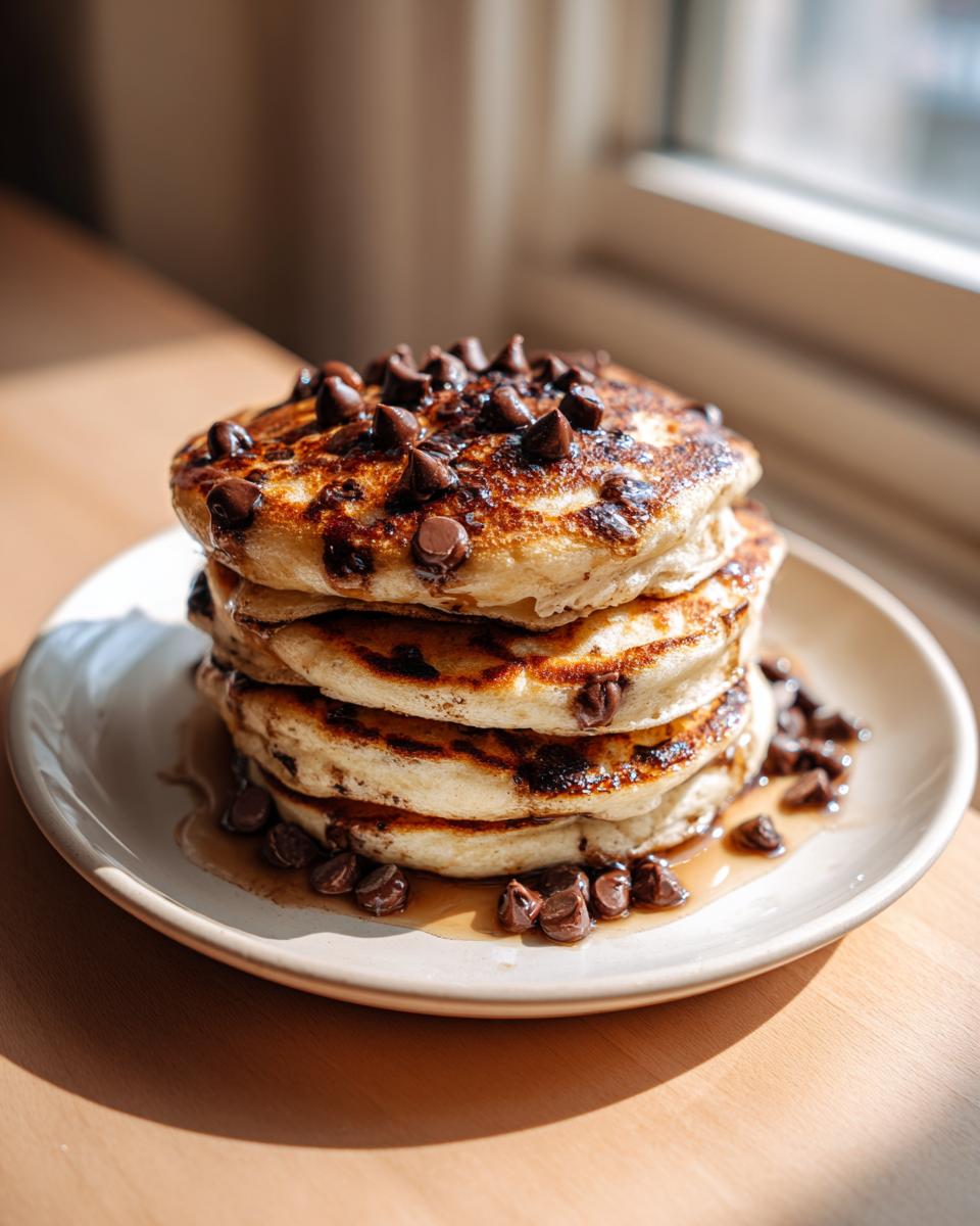 A tall stack of four fluffy chocolate chip pancakes drizzled with syrup and topped with melted chocolate chips.