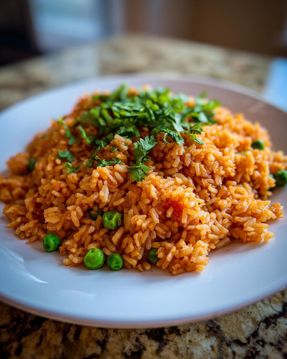 A mound of bright orange Mexican rice mixed with green peas, topped with fresh cilantro, served on a white plate.