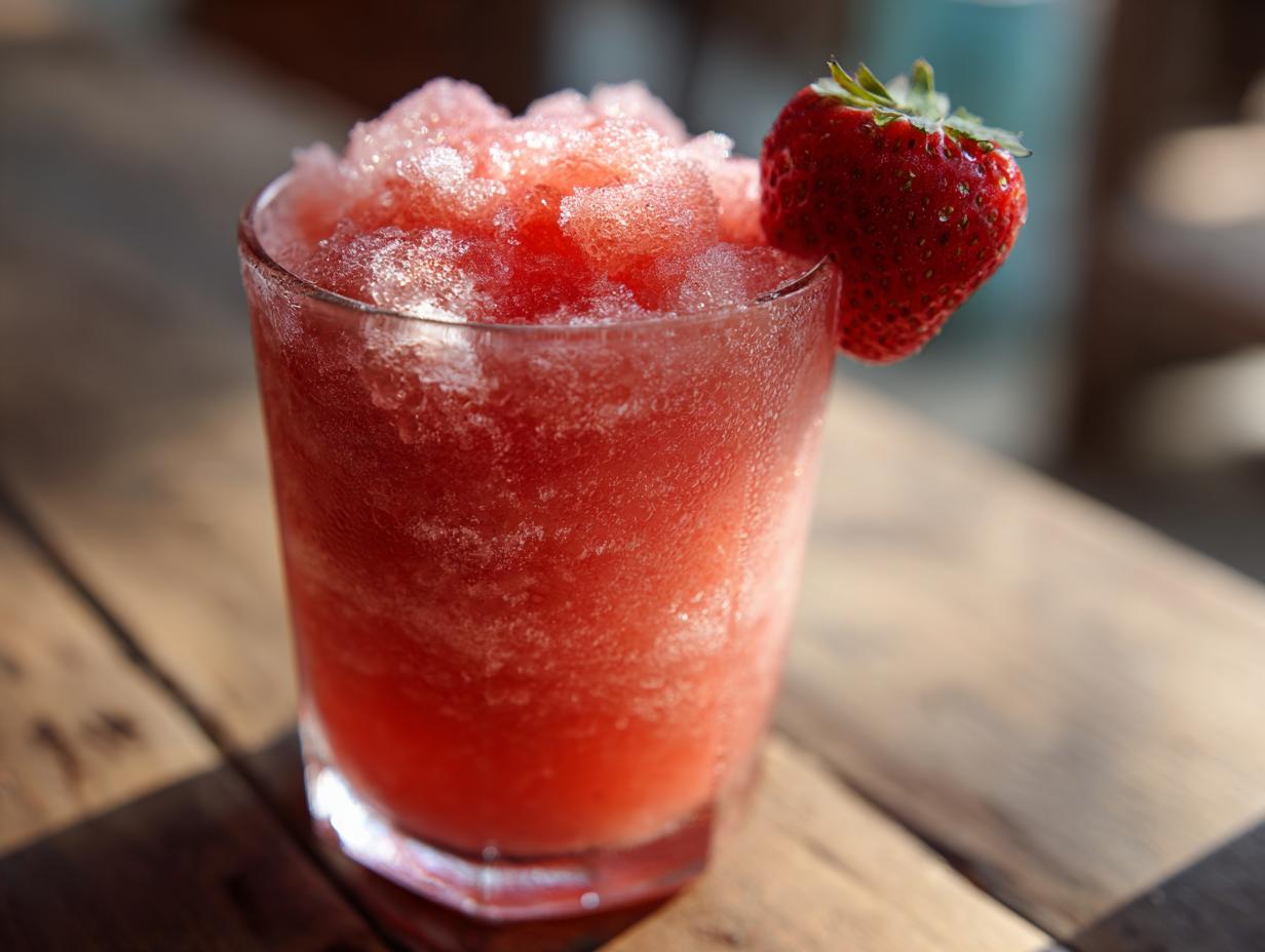 Close-up of a refreshing, icy strawberry daiquiri garnished with a whole fresh strawberry.