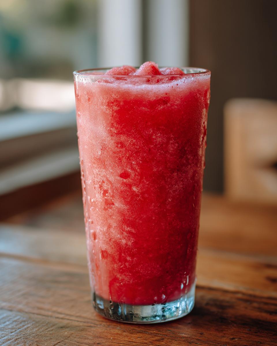 Close-up of a tall glass filled with a bright red, icy strawberry daiquiri resting on a wooden table.