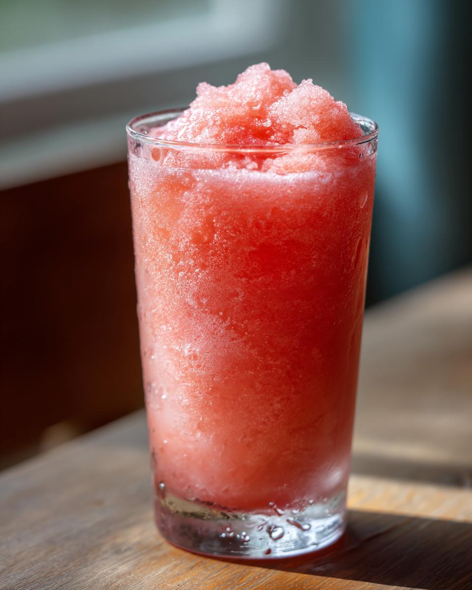 Close-up of a tall glass filled with a bright red, icy strawberry daiquiri mix, showing condensation.