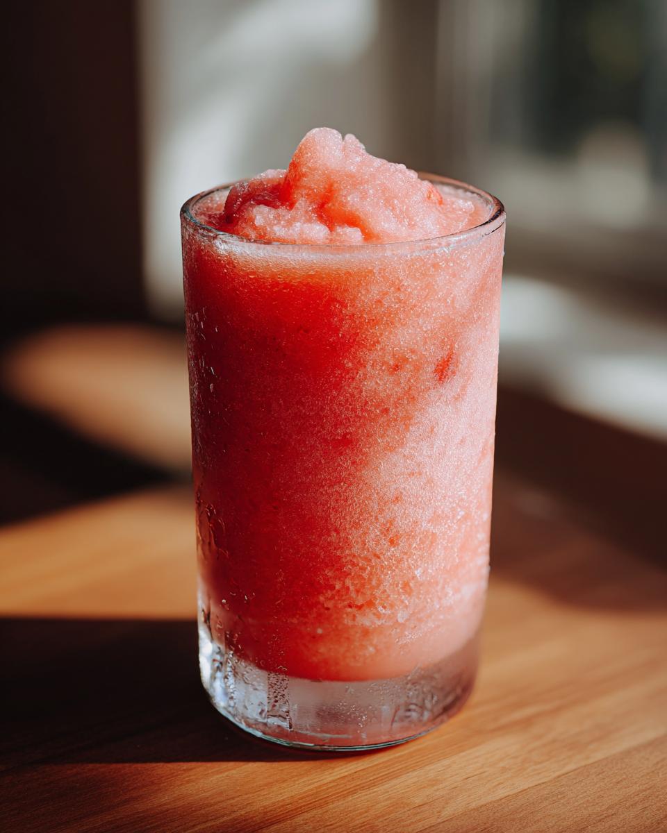 Close-up of a tall glass filled with bright red, icy strawberry daiquiri mix sitting on a wooden table.