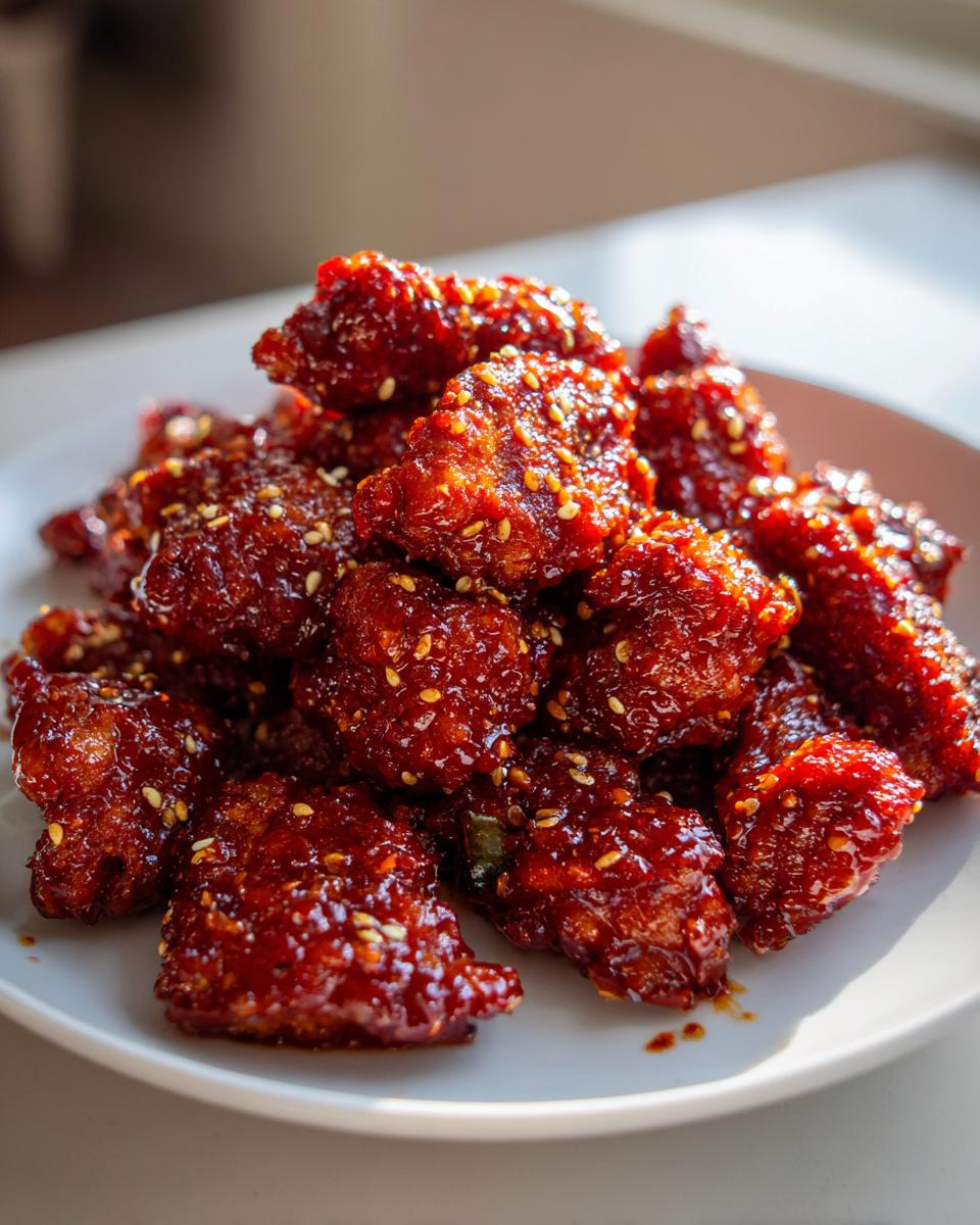 A close-up of a pile of crispy, glazed gochujang chicken pieces topped with sesame seeds on a white plate.