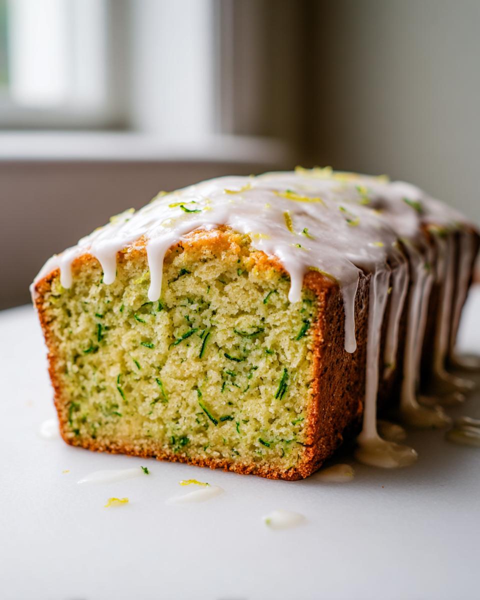 A close-up of a glazed lemon zucchini bread loaf showing moist crumb texture and shredded zucchini.