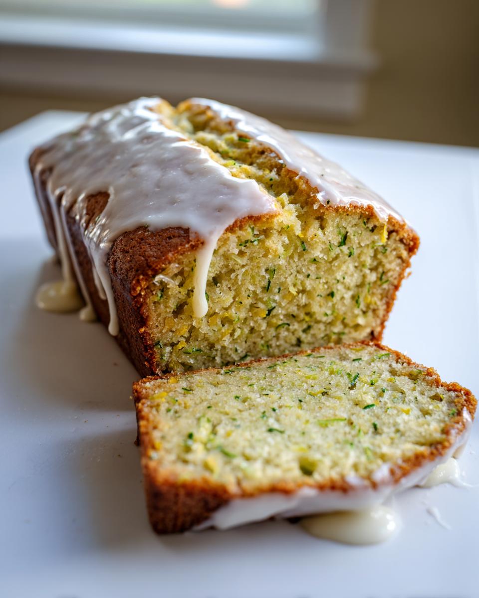 A loaf of moist lemon zucchini bread topped with thick white glaze, with one slice cut and resting beside it.