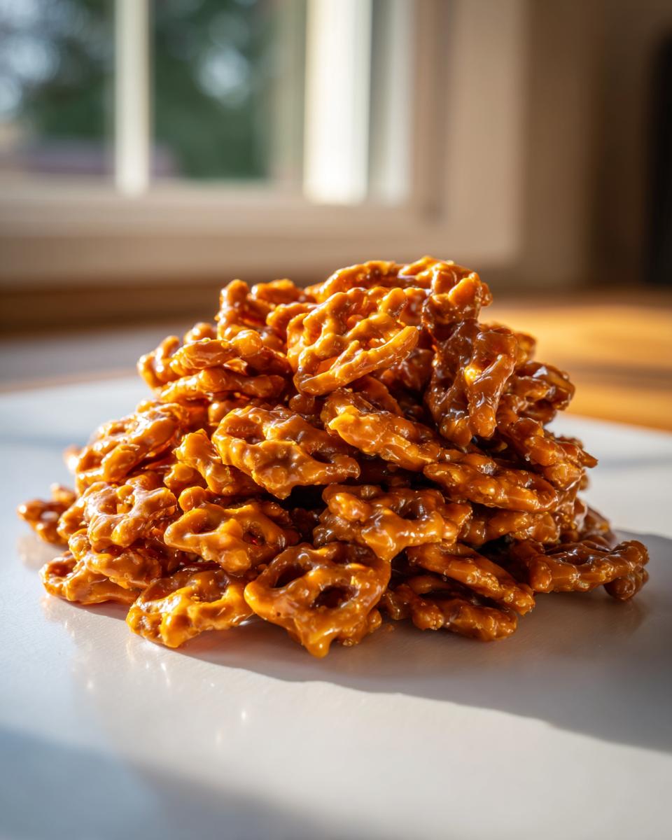A close-up, sunlit pile of crunchy toffee pretzels coated in a glossy caramel glaze.