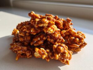 A close-up pile of sticky, glossy toffee pretzels glistening in natural light.