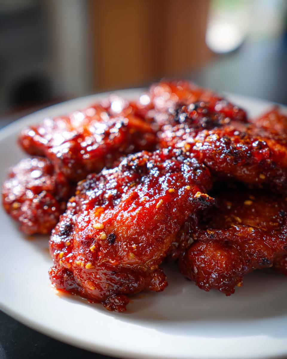 Close-up of sticky, spicy gochujang chicken pieces coated in a vibrant red glaze and sprinkled with sesame seeds.