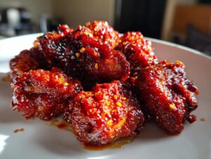 Close-up of several pieces of sticky, deep red gochujang chicken coated in a spicy, glossy sauce.