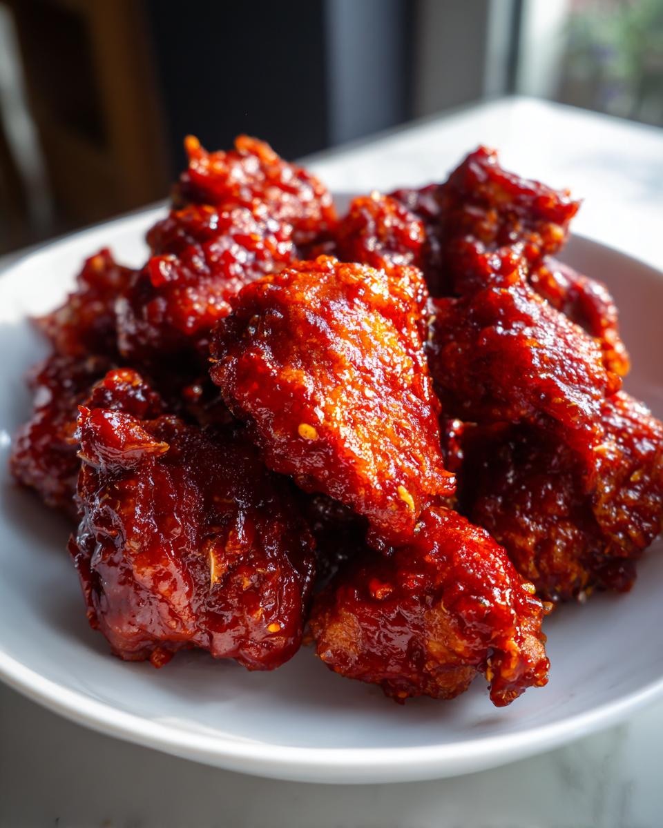 Close-up of crispy chicken pieces heavily coated in a thick, glossy, deep red gochujang sauce.