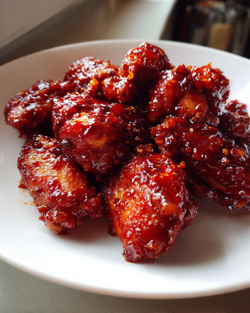 Close-up of crispy chicken pieces heavily coated in a thick, glossy, deep red gochujang sauce, served on a white plate.