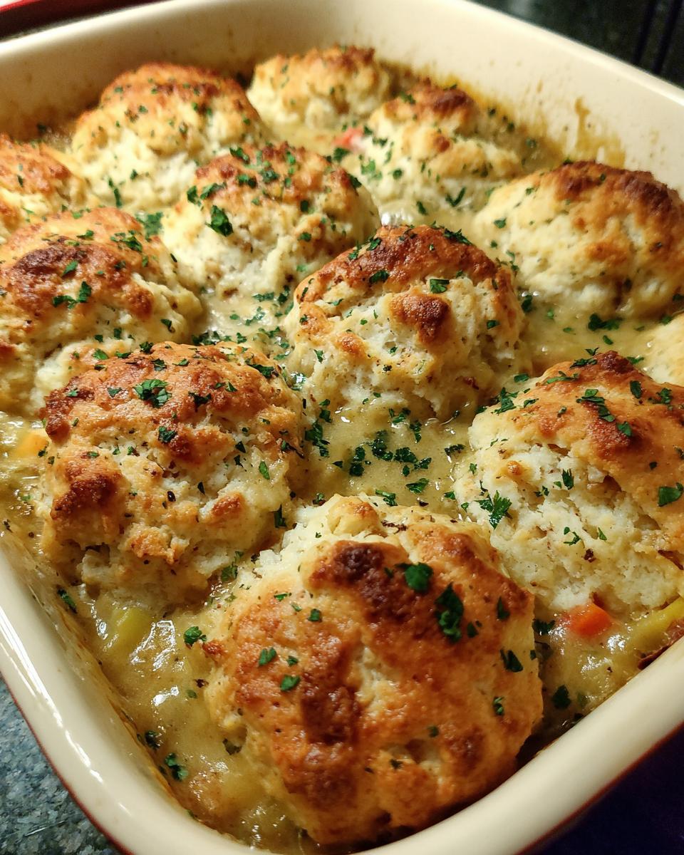 Close-up of a baked pot pie casserole topped with golden, fluffy biscuits and sprinkled with parsley.